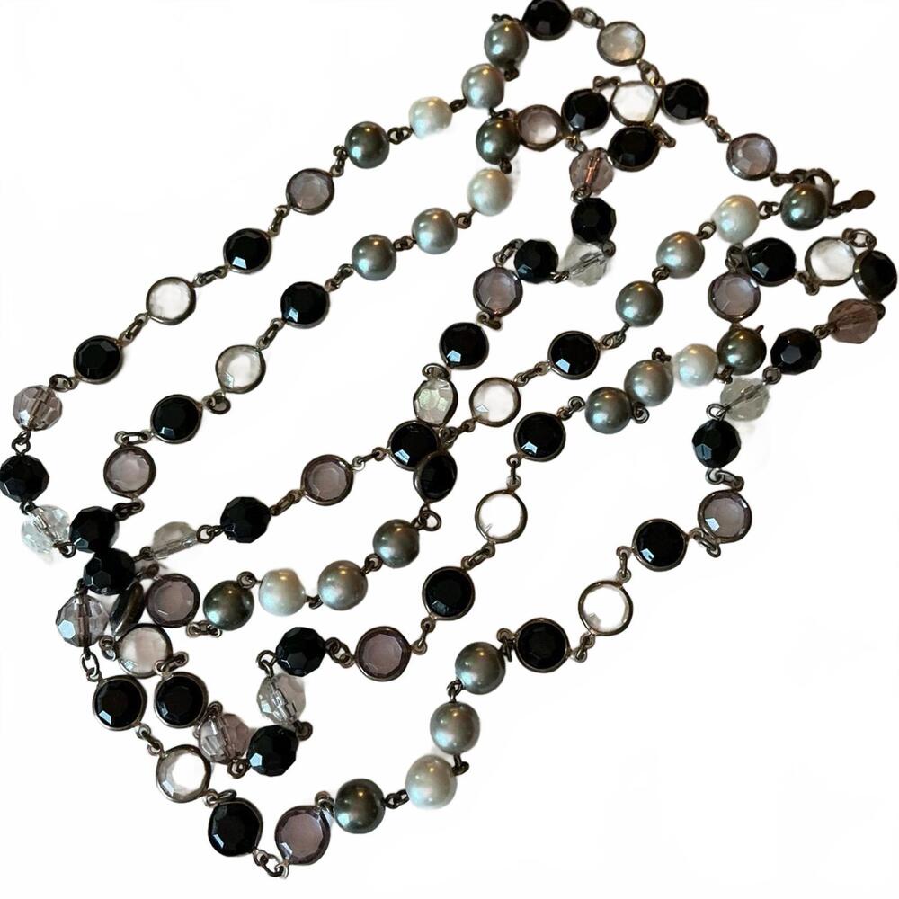Premier Designs "Opulence" necklace w/ pearls, black & clear/rose beads X long